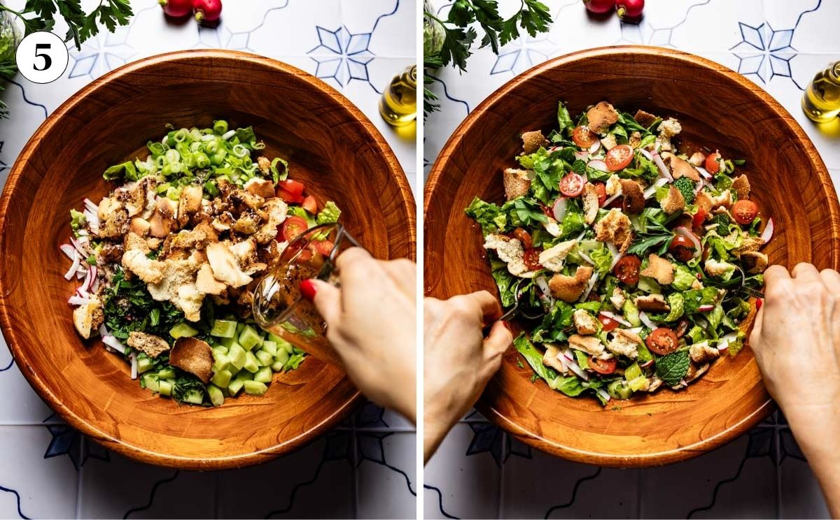 Dressing poured over the fattoush salad with the crisp pita added, then tossed together in a wooden bowl.