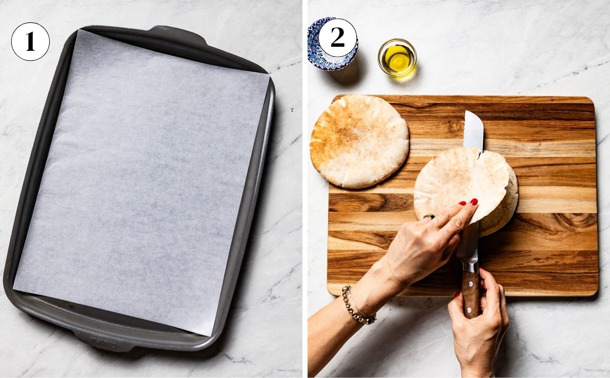 A parchment-lined baking sheet, then pita bread being split in half on a wood board.