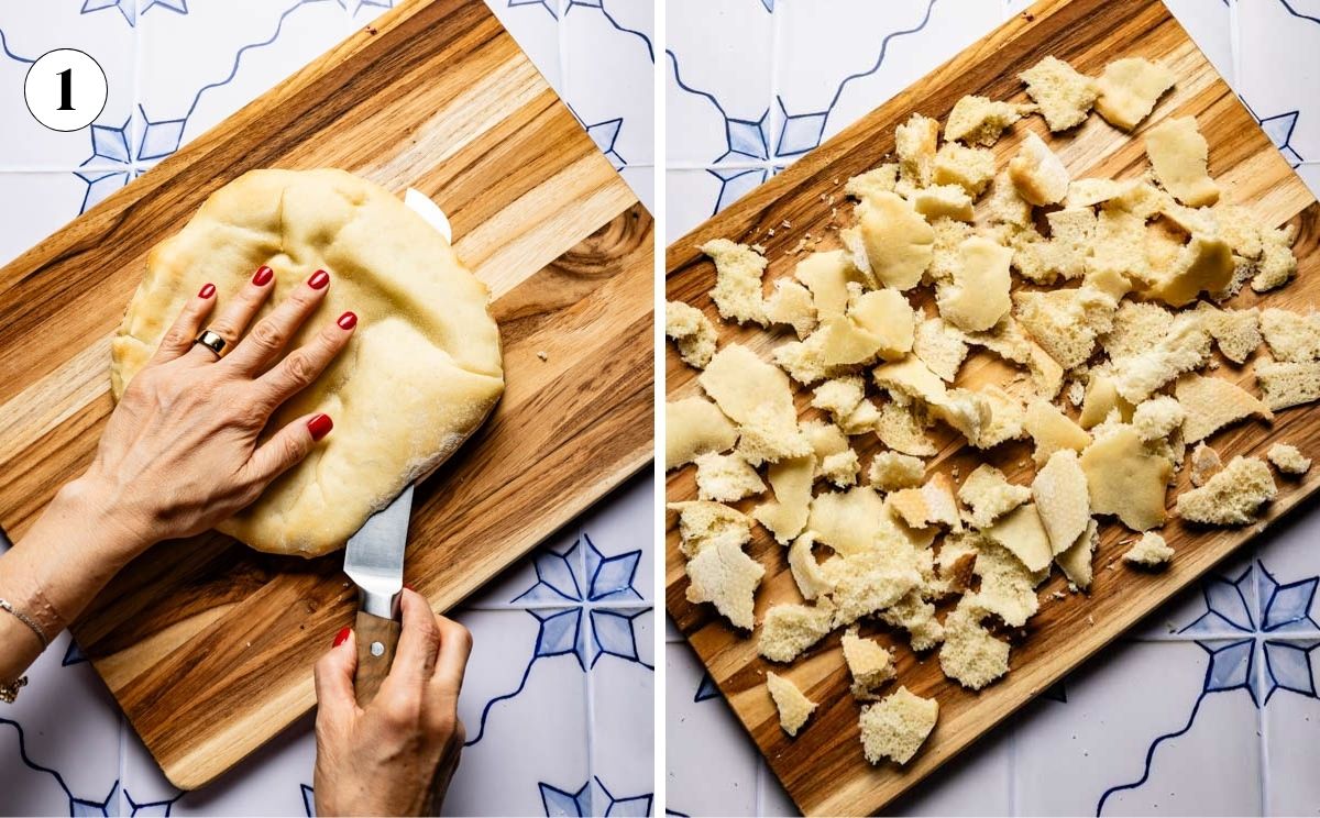 Splitting a pita open along the pocket seam with a knife, then the torn pieces spread on a wooden board.