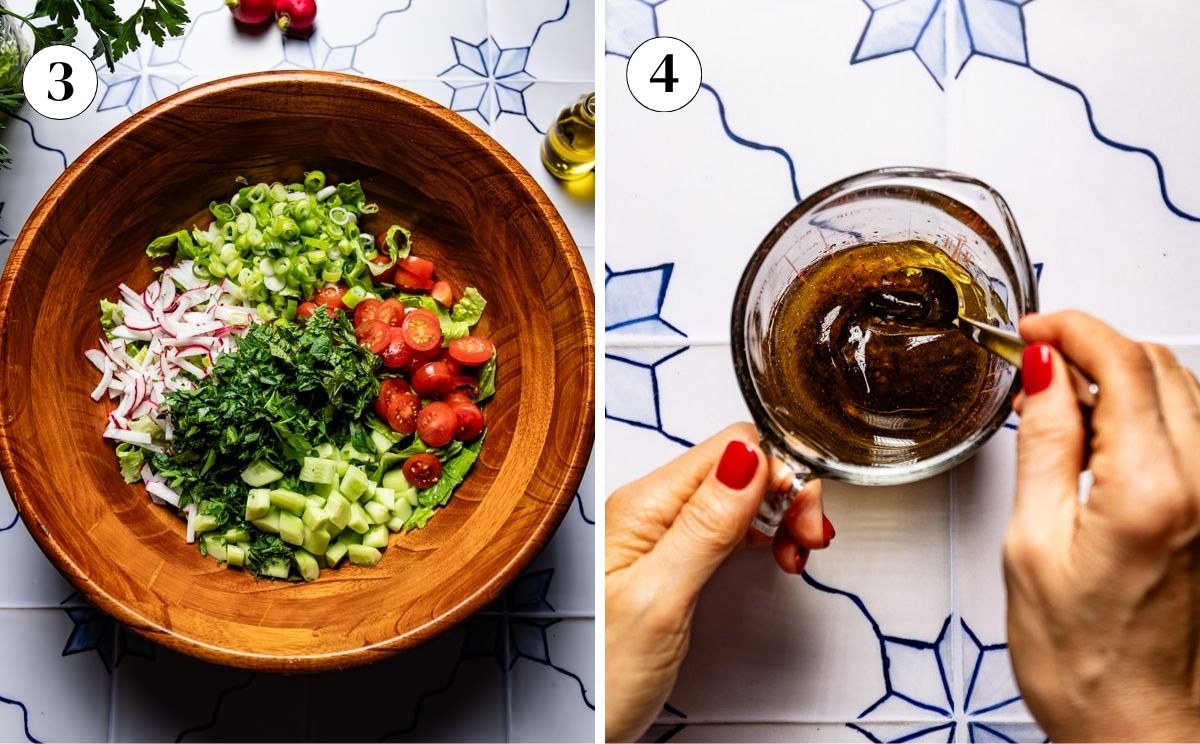 Chopped fattoush salad vegetables in a wooden bowl, next to the sumac dressing being whisked in a glass measuring cup.
