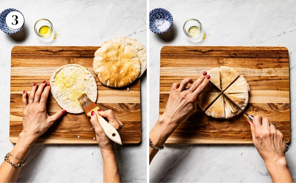 Brushing pita rounds with olive oil, then cutting them into triangles for chips.