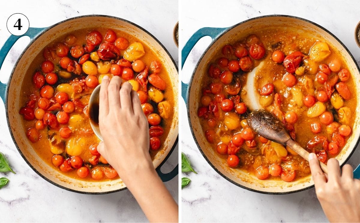 A collage of images showing a person adding balsamic vinegar to burst cherry tomatoes and showing the thickened tomato sauce.