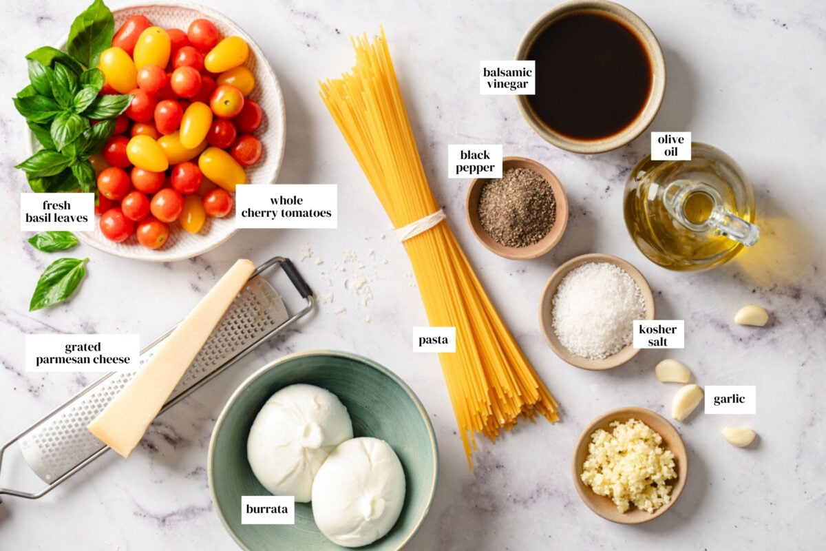 Ingredients for burrata pasta from the top view with text on each ingredient.