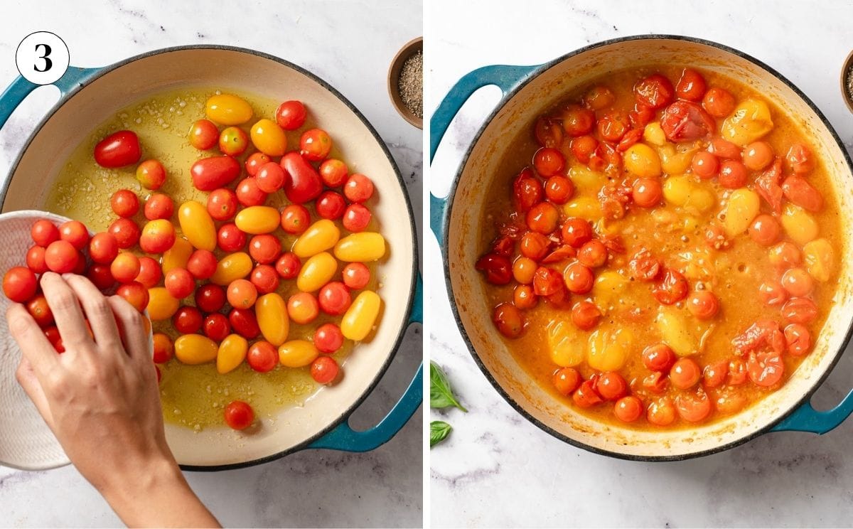 Cherry tomatoes cooking in oil in a blue skillet.