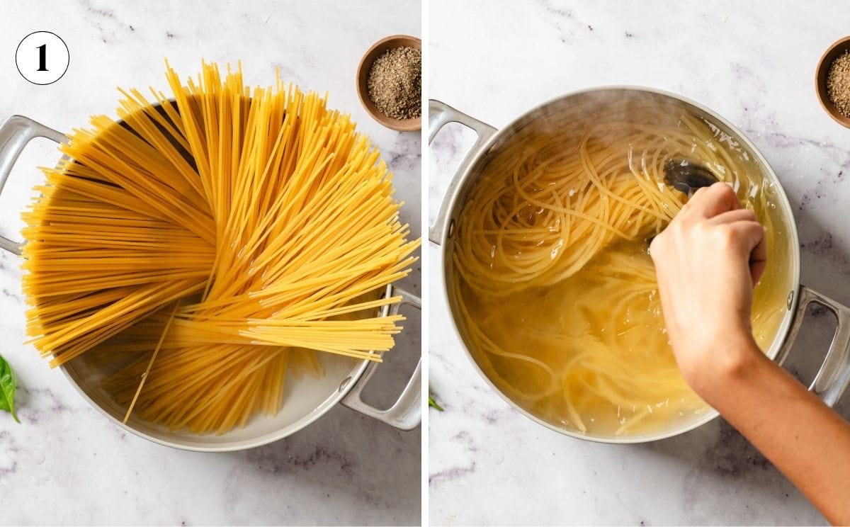 A big pot of pasta before and after it is cooked.