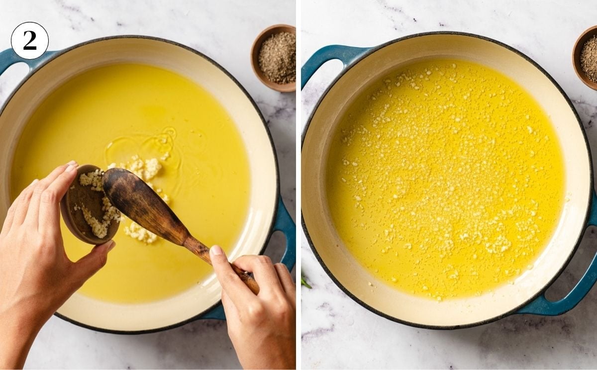A collage of images showing a person adding garlic into hot oil and garlic cooking in oil.