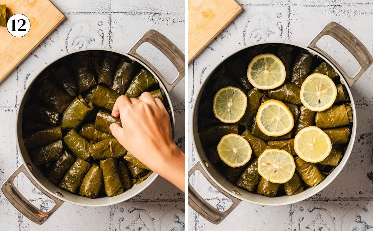 Person filling a pot with vegan stuffed grape leaves in a spiral pattern and adding slices on top.