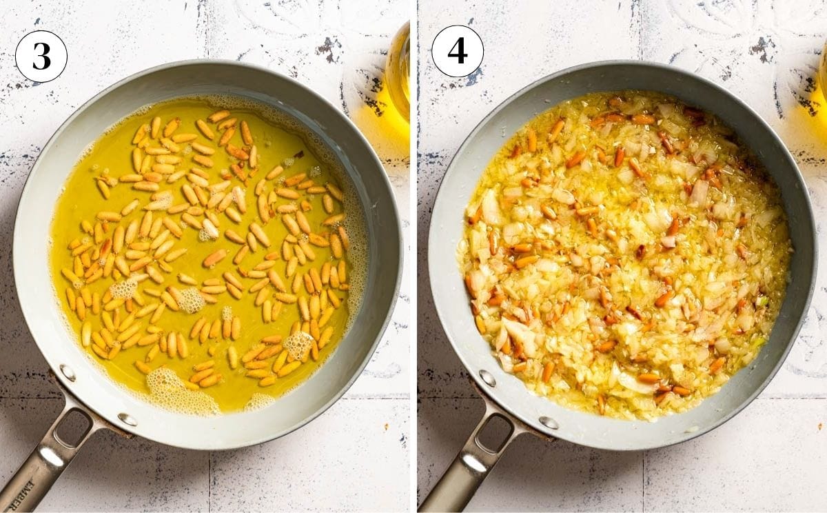 Pine nuts and onions cooking in olive oil in a skillet from the top view.