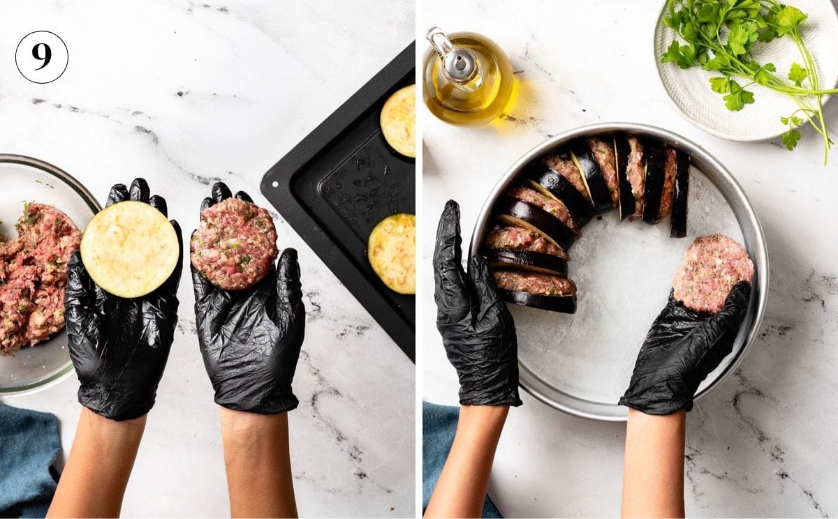 Person comparing the size of the meatball to an eggplant slice before assembling them in a pan.