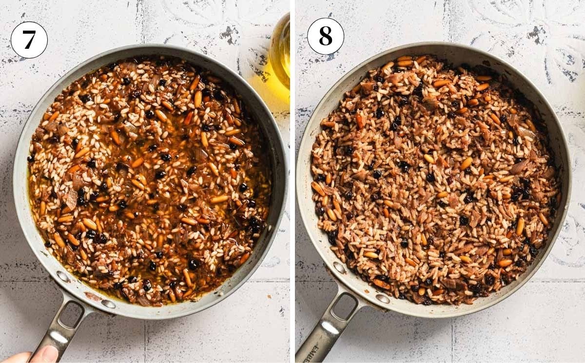 A collage of images showing rice added into the skillet before and after it is cooked.