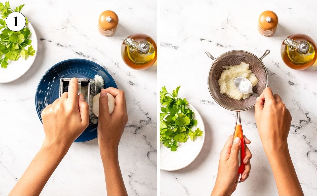 Person grating onion and draining its juices.