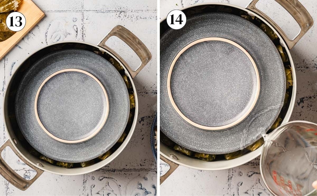 An inverted plate is placed on top of the dolmas and someone is pouring on liquid in the pot from the top view.