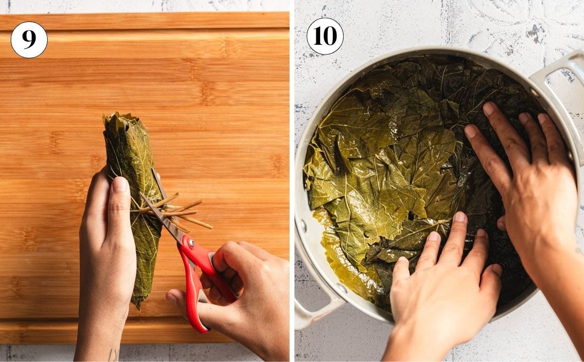 Person is cutting the stems of a bunch of grape leaves and then lining the bottom of the pot with leaves.