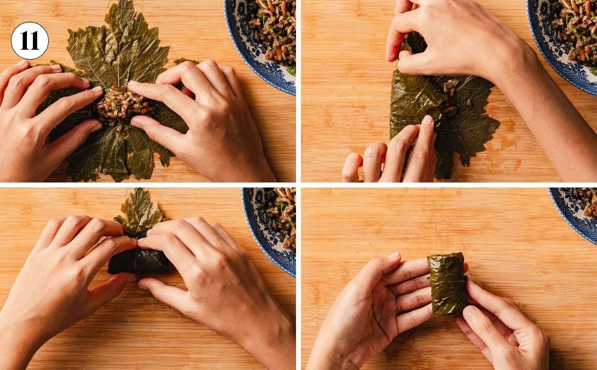 Person showing how to fill and roll stuffed grapes with four images showing each step.