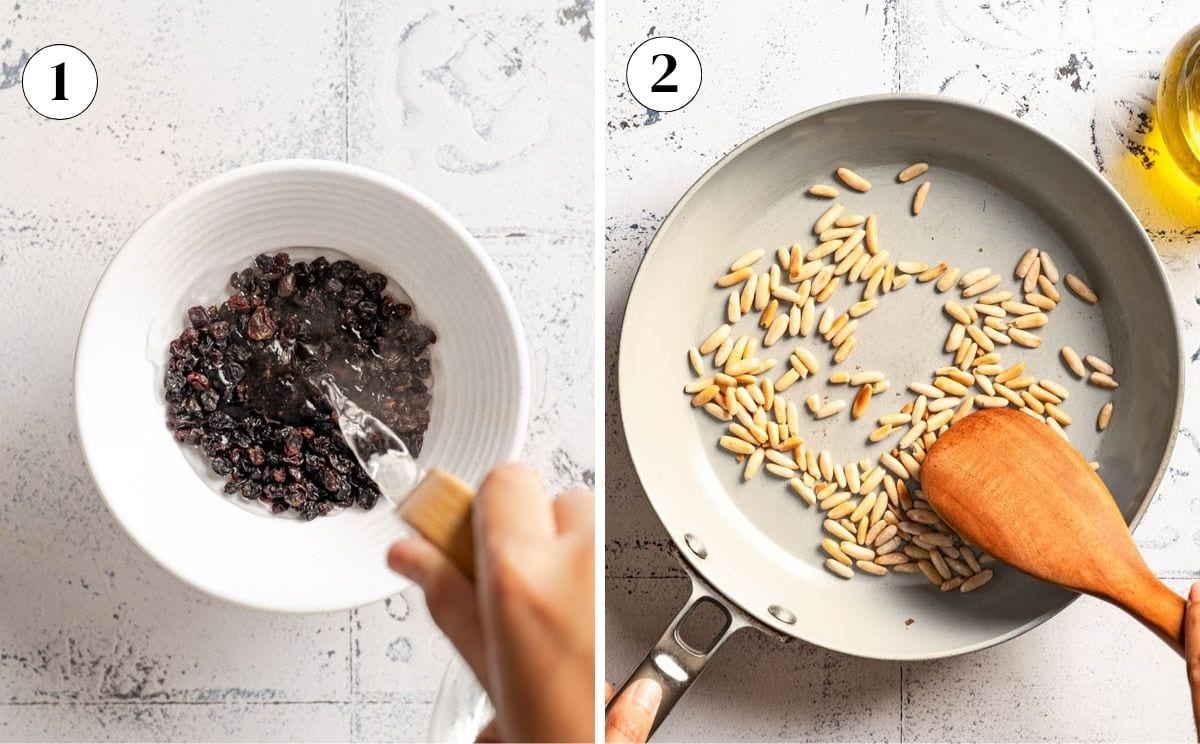 Two images side by side showing soaking currants and sauteeing of pine nuts in a skillet.