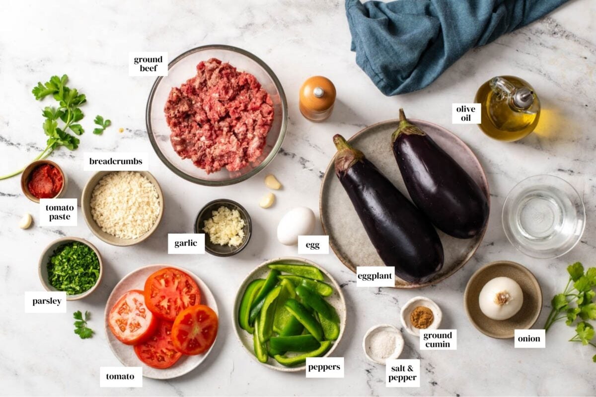 The ingredients for the Turkish eggplant kebab from the top view with text on each ingredient.