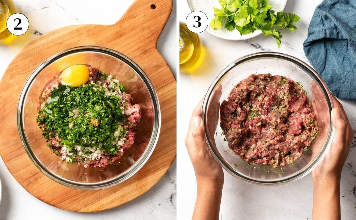The meatball mixture before and after it is mixed in a bowl from the top view.