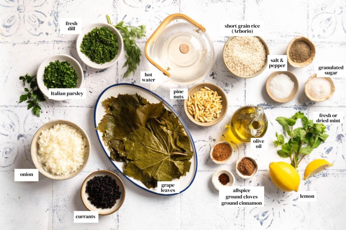 Ingredients for vegetarian stuffed grape leaves with text on each ingredient from the top view.