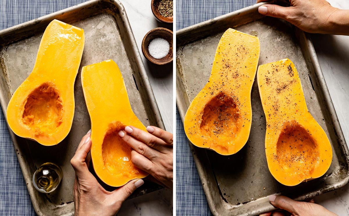 Two-step photo of rubbing olive oil onto butternut squash halves by hand, then sprinkling them with salt and pepper on a sheet pan.